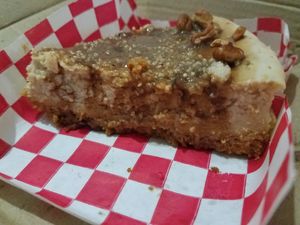 Caramel and chocolate topped cheesecake. at Rincón Veggie in Mexico City