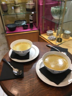 An amazing soup of the day Coral Lentils & curry - slightly spicy - yummy at Cinq Concept Store in Cannes