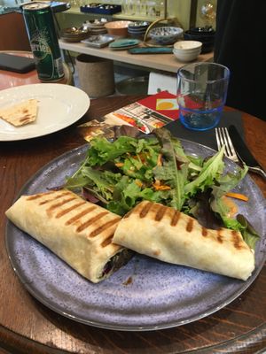 Marinated veggies in a roll - served with salad and slightly spiced sauce - great snack and very filling at Cinq Concept Store in Cannes