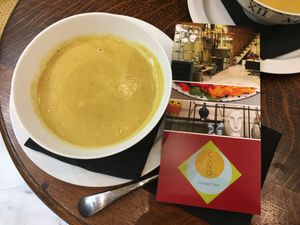 Delicious hot soup - great spices and totally yummy  at Cinq Concept Store in Cannes