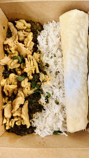 Saag curry with soy curls “take away"  at Utara Brewing Co in Sandpoint