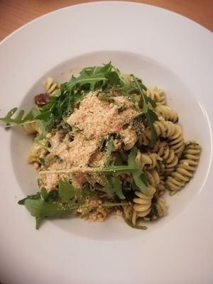 Fussili with green pesto and cashew parmesan at Napfényes Restaurant & Confectionery in Budapest