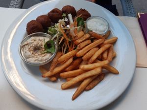 Falafel platter with French fries at Napfényes Restaurant & Confectionery in Budapest