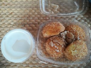 Millet dumplings with soy yogurt sauce at Napfényes Restaurant & Confectionery in Budapest