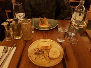 Hummus & a pastry parcel at Napfényes Restaurant & Confectionery in Budapest