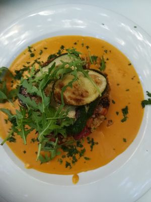 Grilled zucchini with quinoa risotto and "cheddar" sauce at Napfényes Restaurant & Confectionery in Budapest