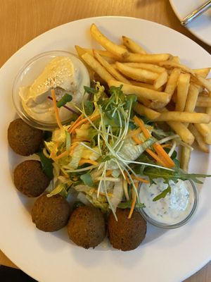 Falafel Platter with French Fries at Napfényes Restaurant & Confectionery in Budapest