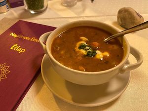 Hungarian bean goulash soup 🍲 at Napfényes Restaurant & Confectionery in Budapest