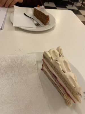 Pastry shop: carrot cake and something with white chocolate at Napfényes Restaurant & Confectionery in Budapest