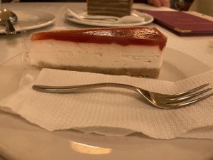 Strawberry mascarpone cake at Napfényes Restaurant & Confectionery in Budapest