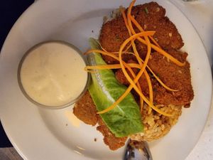 Breaded seitan with tomato rice and "tartar sauce" (daily menu) #Veganuary at Napfényes Restaurant & Confectionery in Budapest