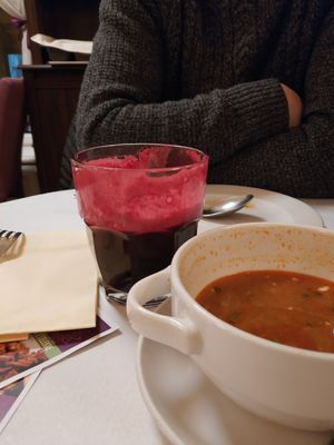 Goulash soup and beetroot juice at Napfényes Restaurant & Confectionery in Budapest