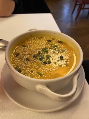 Squash soup  at Napfényes Restaurant & Confectionery in Budapest