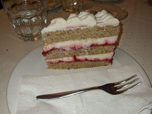White chocolate and raspberry cake at Napfényes Restaurant & Confectionery in Budapest