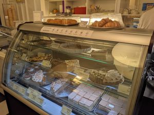Cake display at Napfényes Restaurant & Confectionery in Budapest