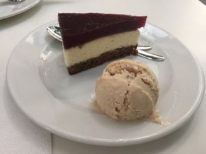 Vanilla berry cake with olive oil hazelnut ice cream at Napfényes Restaurant & Confectionery in Budapest