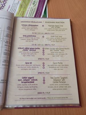 Menu at Napfényes Restaurant & Confectionery in Budapest