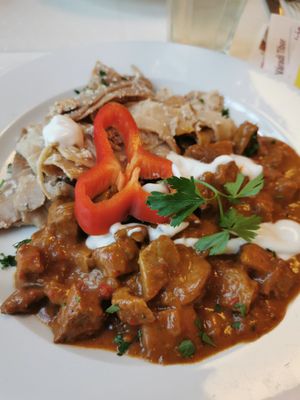 Paprika- goulash with tofu- noodles. at Napfényes Restaurant & Confectionery in Budapest