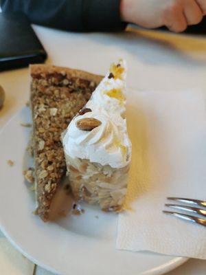 A cream cake and a apple- walnuts cake at Napfényes Restaurant & Confectionery in Budapest