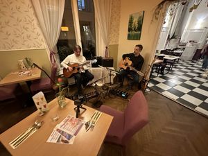 These guys were playing quite advanced atmospheric music at perfect levels   at Napfényes Restaurant & Confectionery in Budapest