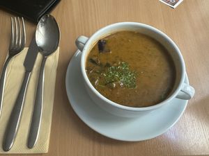 Hungarian algae soup (“fish”soup)  at Napfényes Restaurant & Confectionery in Budapest