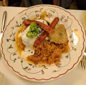 This is a traditional Hungarian dish with cabbage that the restaurant veganised. The non veggie Hungarian man who had this was very happy with it. I tried a bite and whilst it's not my thing (I'm not a fan of cabbage, I could appreciate that it was good food). at Napfényes Restaurant & Confectionery in Budapest