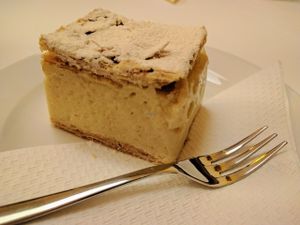 Dessert was a custard cake. My Hungarian boyfriend told me that this is a very traditional and popular dessert in Hungary. The vegan version was super delicious and I was glad I opted for this instead of my usual chocolate cake. at Napfényes Restaurant & Confectionery in Budapest