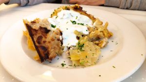 Layered potato with smoked sausages (dish of the day) at Napfényes Restaurant & Confectionery in Budapest