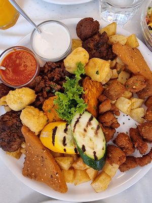 Lavish platter for 2 (garnish slightly modified per our request) at Napfényes Restaurant & Confectionery in Budapest