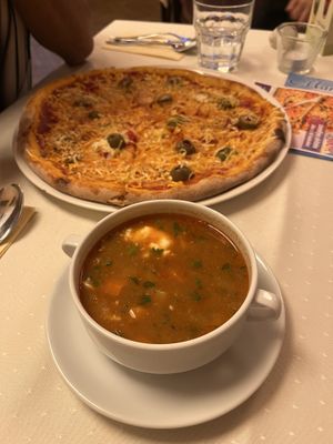 Goulash Soup and Three Cheese Pizza  at Napfényes Restaurant & Confectionery in Budapest