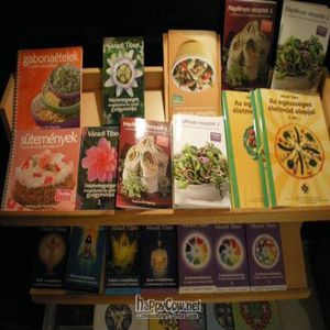 Literature and recipe books for sale at Napfényes Restaurant & Confectionery in Budapest