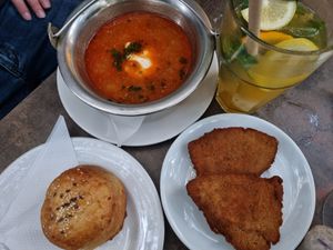 Goulash soup with seitan fillets at Napfényes Restaurant & Confectionery in Budapest