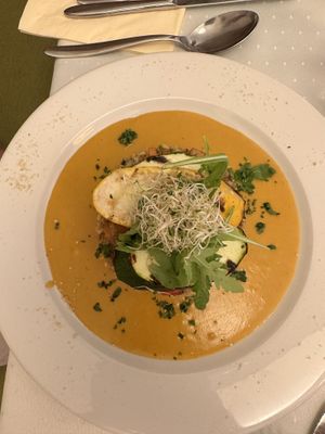 Risotto with cheese sauce and grilled courgette  at Napfényes Restaurant & Confectionery in Budapest