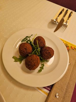 Homemade chickpea fritters at Napfényes Restaurant & Confectionery in Budapest