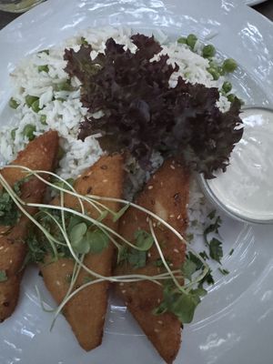 Fried cheese with rice and peas option   at Napfényes Restaurant & Confectionery in Budapest