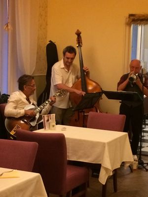 a jazz combo at a Tuesday night  at Napfényes Restaurant & Confectionery in Budapest