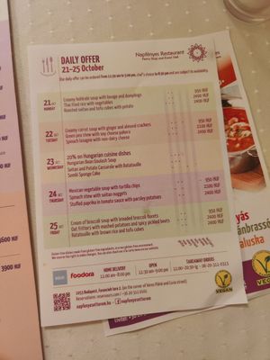 Weekly menu and offers at Napfényes Restaurant & Confectionery in Budapest