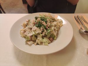 Cesar salad. Also ordered the fried cheese but it wasn't good in our opinion at Napfényes Restaurant & Confectionery in Budapest