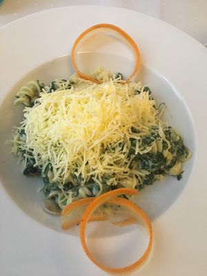 Spinach fusilli (delicious!) at Napfényes Restaurant & Confectionery in Budapest