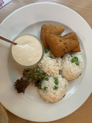 Fried “cheese” with rice  at Napfényes Restaurant & Confectionery in Budapest