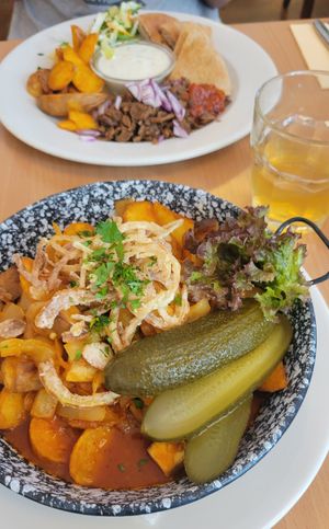 Tofu Stew Brasnov Style + Gyros Platter at Napfényes Restaurant & Confectionery in Budapest