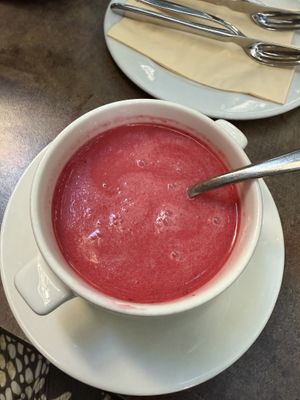 Raspberry soup  at Napfényes Restaurant & Confectionery in Budapest