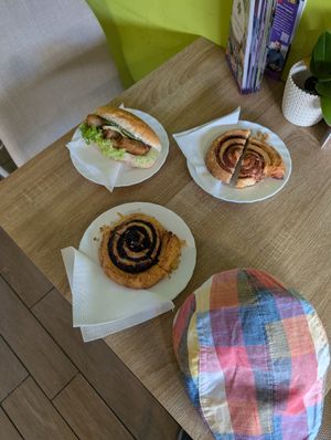 Carob swirl, cinnamon swirl and seitan fritter sandwich at Napfényes Restaurant & Confectionery in Budapest