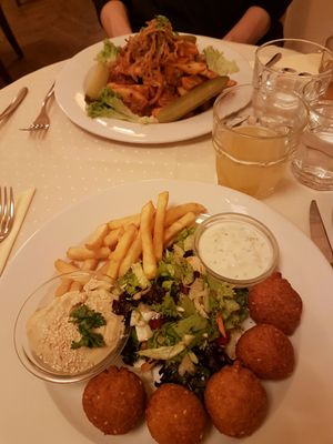 falafel and chips. steak and chips. at Napfényes Restaurant & Confectionery in Budapest