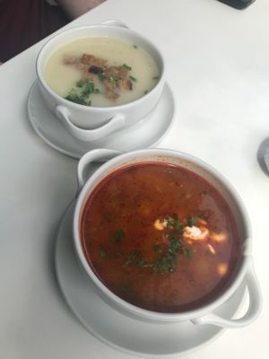Bean Goulash and Garlic Cream Soup  at Napfényes Restaurant & Confectionery in Budapest