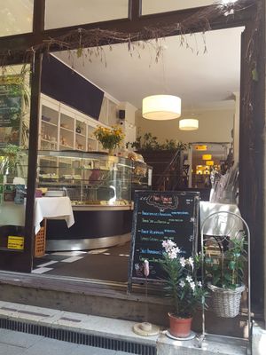 View from outside tables. at Napfényes Restaurant & Confectionery in Budapest