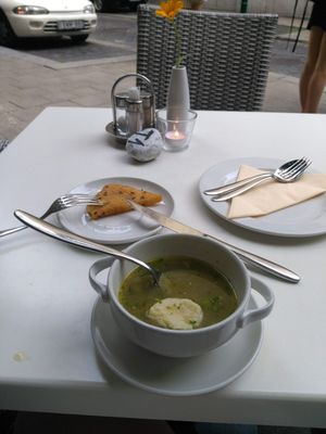 Dumpling soup and breaded "cheese" at Napfényes Restaurant & Confectionery in Budapest