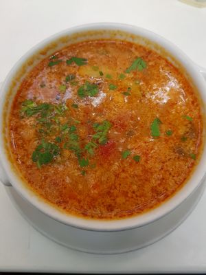 Spicy soup at Napfényes Restaurant & Confectionery in Budapest