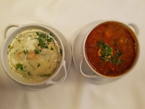 Onion and goulash soup at Napfényes Restaurant & Confectionery in Budapest