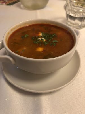 Traditional Hungarian goulash soup at Napfényes Restaurant & Confectionery in Budapest